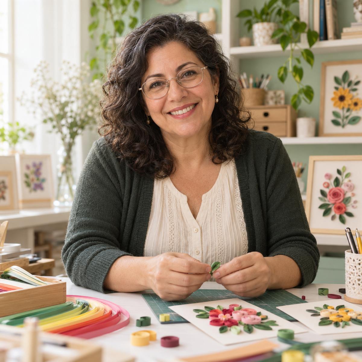 Retrato ilustrativo gerado por IA: mulher sorridente, de óculos, num ateliê claro com tiras de papel coloridas e cartões ao fundo